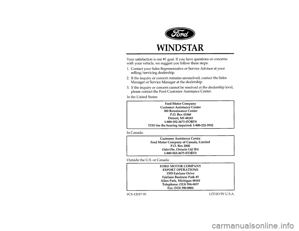 FORD WINDSTAR 1996 1.G Owners Manual 