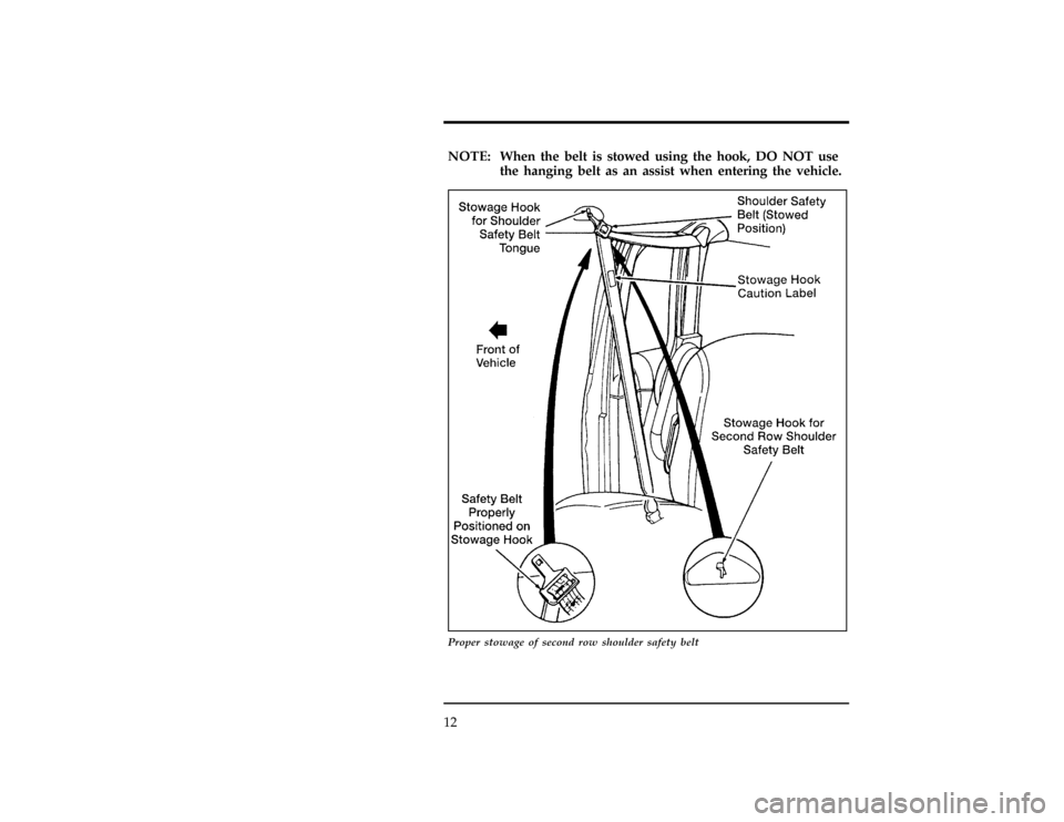 FORD WINDSTAR 1996 1.G User Guide 12
[SR03920(ALL)12/93]
NOTE: When the belt is stowed using the hook, DO NOT use
the hanging belt as an assist when entering the vehicle.
[SR03925(ALL)05/95]
27-1/2 pica
art:0050212-D
Proper stowage of