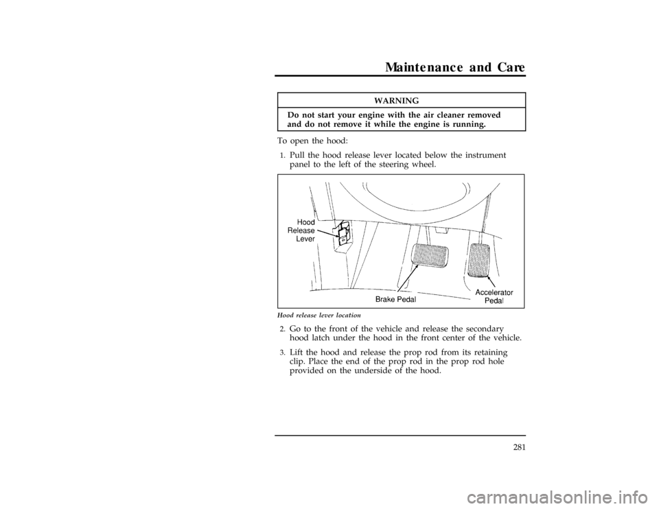 FORD WINDSTAR 1997 1.G Owners Manual Maintenancean dCare
281
WARNING
Do no tstar tyou rengin ewit htheaircleane rremoved
[MC03000(ALL)01/96]  2.G o to thefron tof th evehicl ean dreleas eth esecondary 