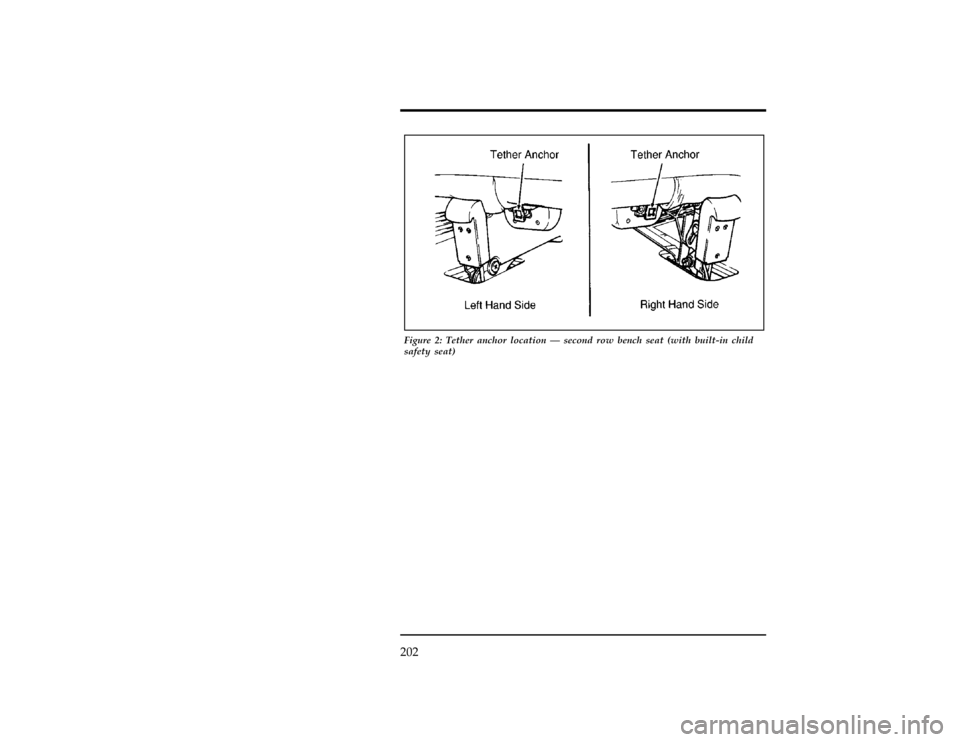 FORD WINDSTAR 1998 1.G Owners Manual 202
[SS33300(ALL)12/95]
13-1/2 pica
art:0050181-A
Figure 2: Tether anchor location Ð second row bench seat (with built-in child
safety seat)
File:06wnsss.ex
Update:Fri Oct 11 10:48:20 1996 
