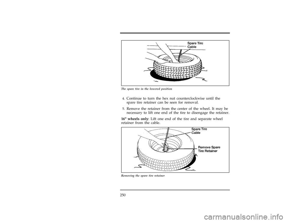 FORD WINDSTAR 1998 1.G Owners Manual 250
*
[ER07300(ALL)01/96]
10-1/2 pica
art:0040172-B
The spare tire in the lowered position
*
[ER07400(ALL)01/96]4.
Continue to turn the hex nut counterclockwise until the
spare tire retainer can be se