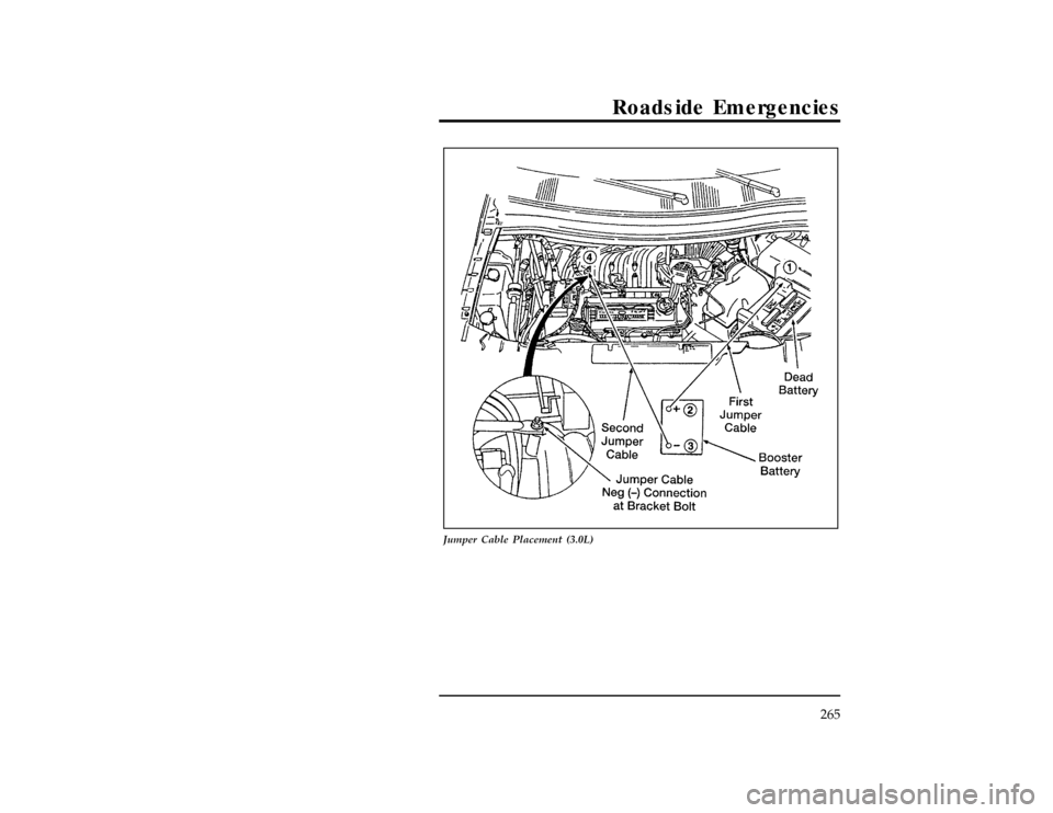 FORD WINDSTAR 1998 1.G Owners Manual Roadside Emergencies
265
[ER14300(ALL)09/96]
24 pica art:0050022-C
Jumper Cable Placement (3.0L)
File:10wners.ex
Update:Mon Oct  7 11:47:52 1996 