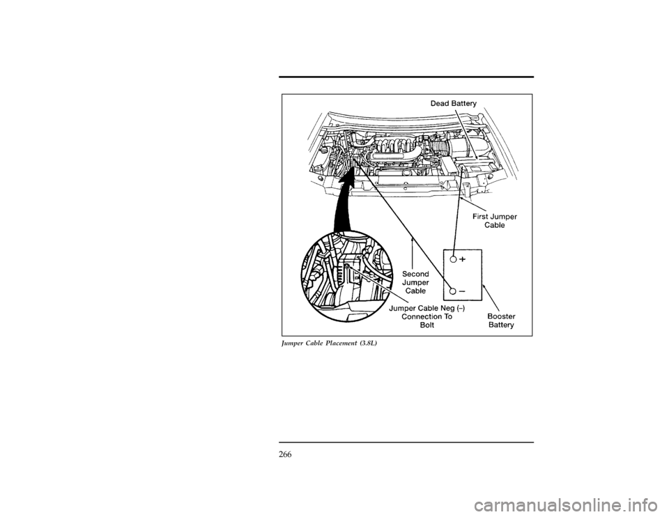 FORD WINDSTAR 1998 1.G Owners Manual 266
[ER14400(ALL)01/96]
24 pica art:0050259-B
Jumper Cable Placement (3.8L)
File:10wners.ex
Update:Mon Oct  7 11:47:52 1996 