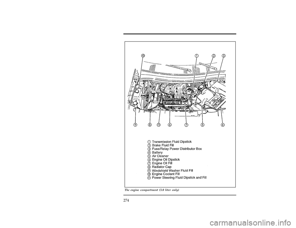FORD WINDSTAR 1998 1.G Owners Manual 274
[MC03800(ALL)01/96]
33-1/2 pica
art:0050234-B
The engine compartment (3.0 liter only)
File:11wnmcs.ex
Update:Tue Oct  8 10:24:50 1996 
