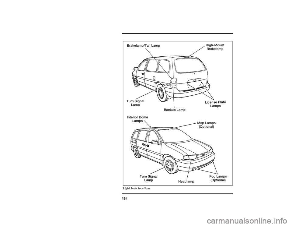 FORD WINDSTAR 1998 1.G Owners Manual 316
[MC37700(ALL)01/96]
33-1/2 pica art:0050019-E
Light bulb locations
File:11wnmcs.ex
Update:Tue Oct  8 10:24:50 1996 