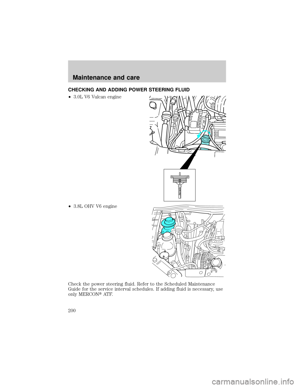 FORD WINDSTAR 1999 2.G Owners Manual CHECKING AND ADDING POWER STEERING FLUID
²3.0L V6 Vulcan engine
²3.8L OHV V6 engine
Check the power steering fluid. Refer to the Scheduled Maintenance
Guide for the service interval schedules. If ad
