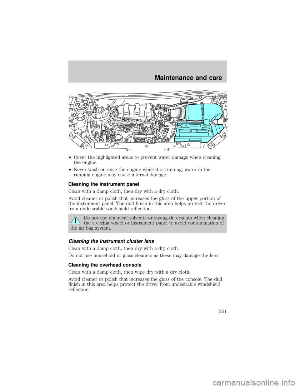 FORD WINDSTAR 2000 2.G Owners Manual ²Cover the highlighted areas to prevent water damage when cleaning
the engine.
²Never wash or rinse the engine while it is running; water in the
running engine may cause internal damage.
Cleaning th