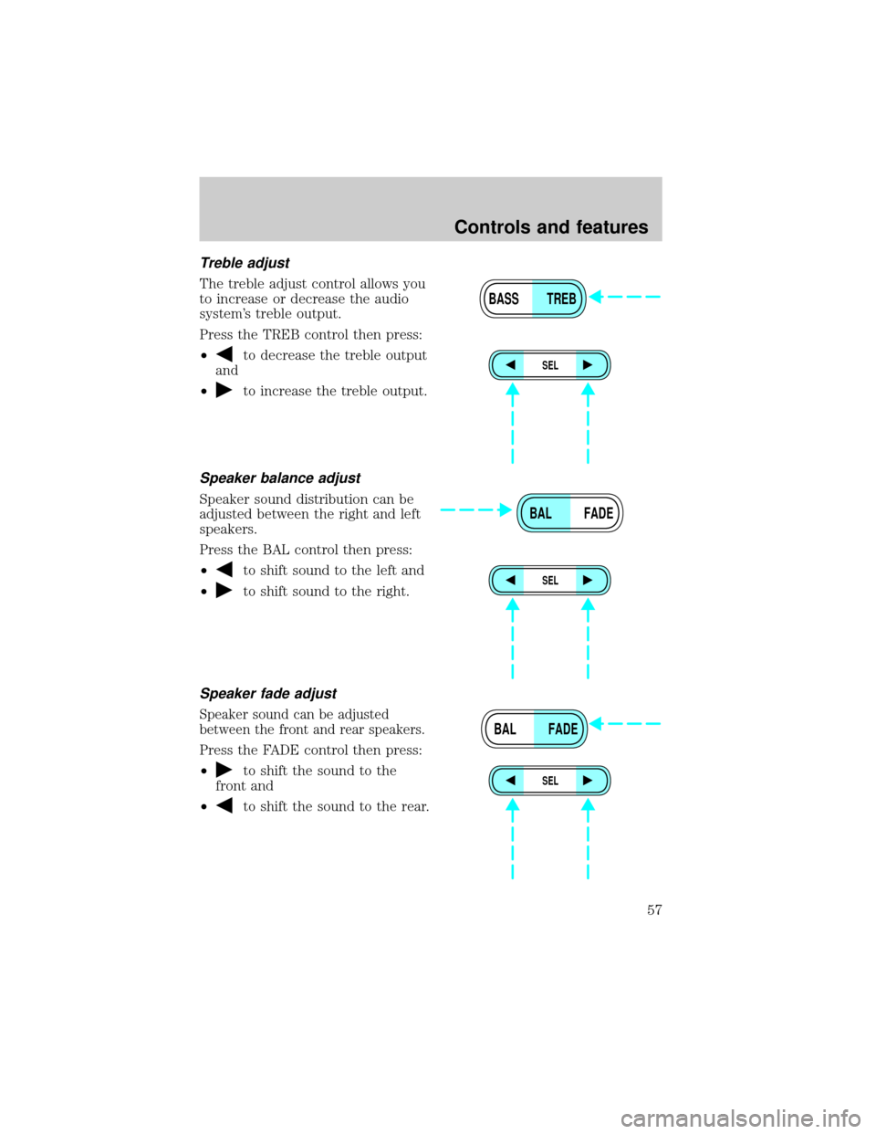 FORD WINDSTAR 2000 2.G Owners Manual Treble adjust
The treble adjust control allows you
to increase or decrease the audio
systems treble output.
Press the TREB control then press:
²
to decrease the treble output
and
²
to increase the 