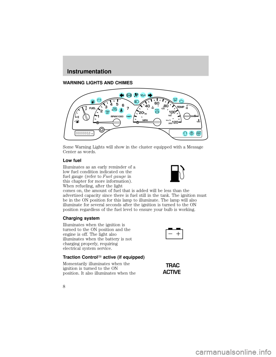 FORD WINDSTAR 2000 2.G Owners Manual WARNING LIGHTS AND CHIMES
Some Warning Lights will show in the cluster equipped with a Message
Center as words.
Low fuel
Illuminates as an early reminder of a
low fuel condition indicated on the
fuel 