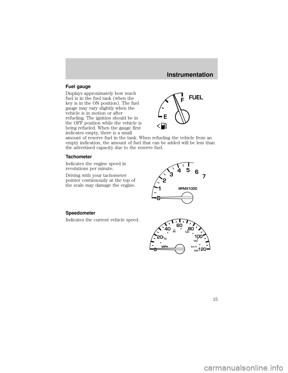 FORD WINDSTAR 2001 2.G User Guide Fuel gauge
Displays approximately how much
fuel is in the fuel tank (when the
key is in the ON position). The fuel
gauge may vary slightly when the
vehicle is in motion or after
refueling. The ignitio