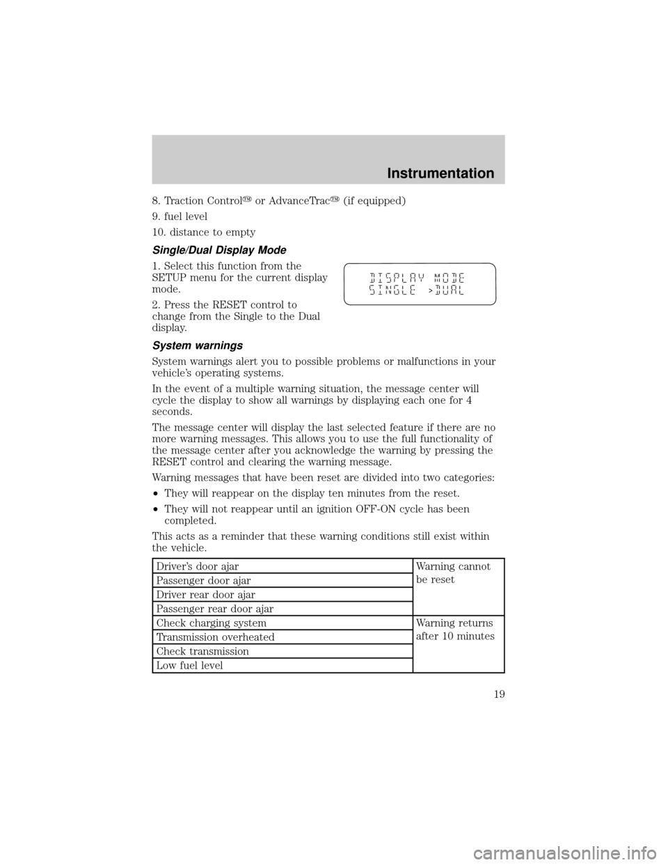 FORD WINDSTAR 2001 2.G User Guide 8. Traction Controlyor AdvanceTracy(if equipped)
9. fuel level
10. distance to empty
Single/Dual Display Mode
1. Select this function from the
SETUP menu for the current display
mode.
2. Press the RES