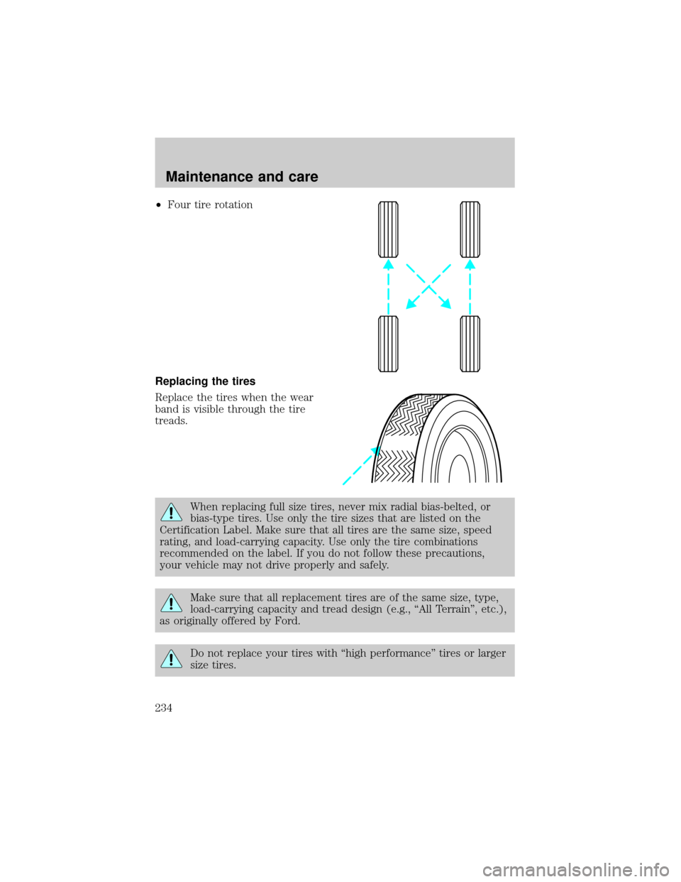 FORD WINDSTAR 2001 2.G Owners Manual ²Four tire rotation
Replacing the tires
Replace the tires when the wear
band is visible through the tire
treads.
When replacing full size tires, never mix radial bias-belted, or
bias-type tires. Use 