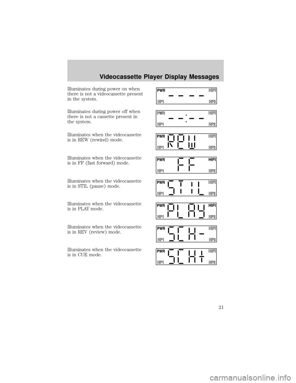 FORD WINDSTAR 2001 2.G Rear Seat Entertainment System Manual Illuminates during power on when
there is not a videocassette present
in the system.
Illuminates during power off when
there is not a cassette present in
the system.
Illuminates when the videocassette