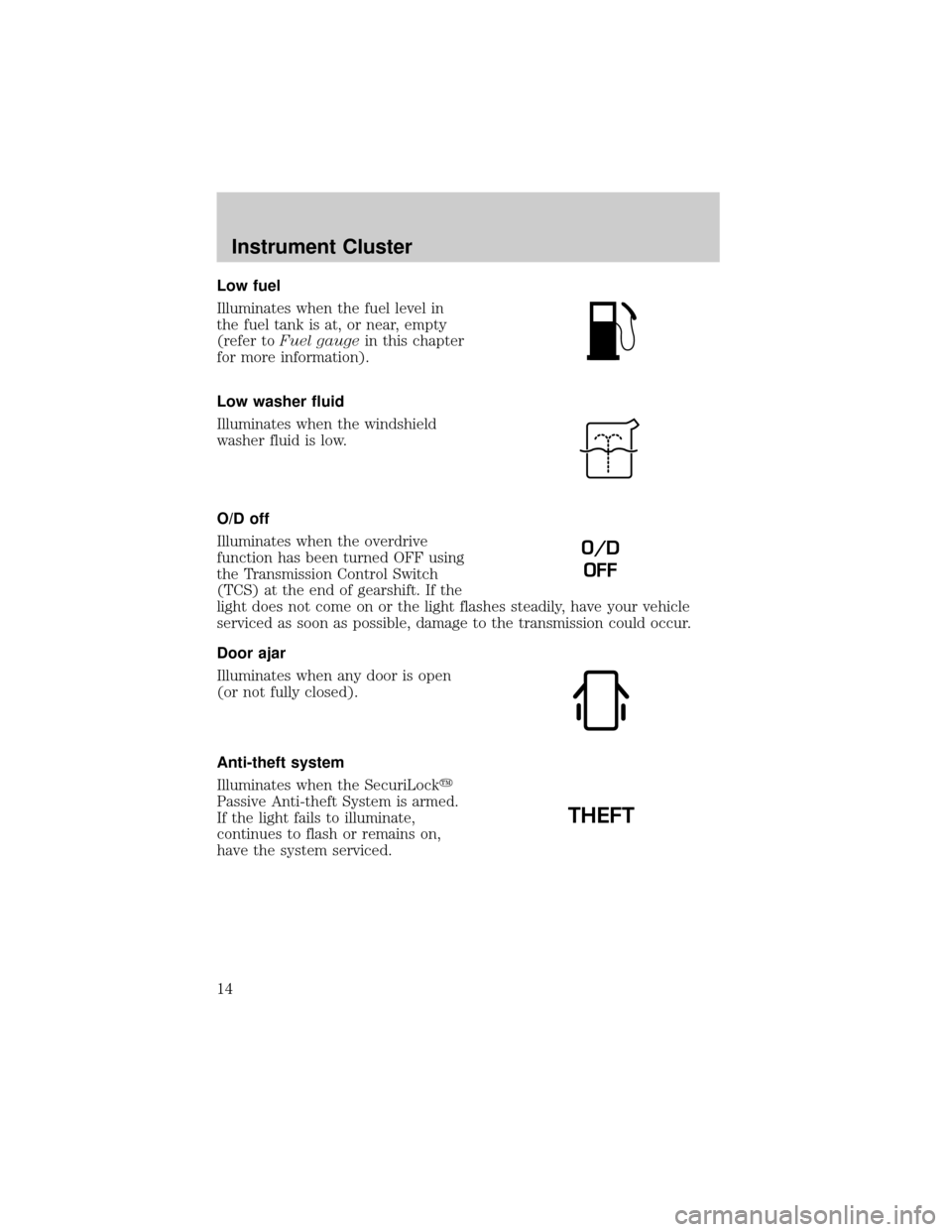 FORD WINDSTAR 2002 2.G User Guide Low fuel
Illuminates when the fuel level in
the fuel tank is at, or near, empty
(refer toFuel gaugein this chapter
for more information).
Low washer fluid
Illuminates when the windshield
washer fluid 