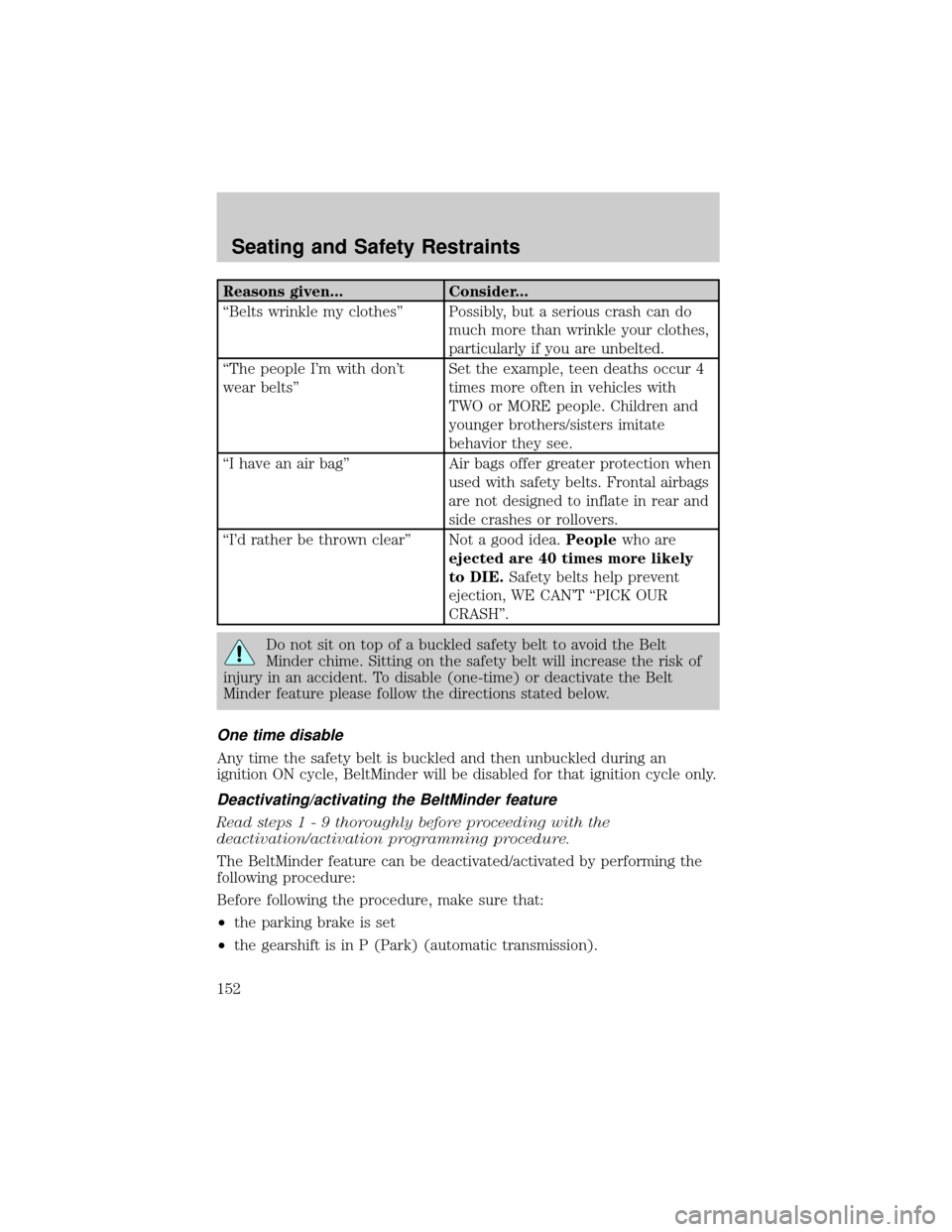 FORD WINDSTAR 2002 2.G Owners Manual Reasons given... Consider...
ªBelts wrinkle my clothesº Possibly, but a serious crash can do
much more than wrinkle your clothes,
particularly if you are unbelted.
ªThe people Im with dont
wear b