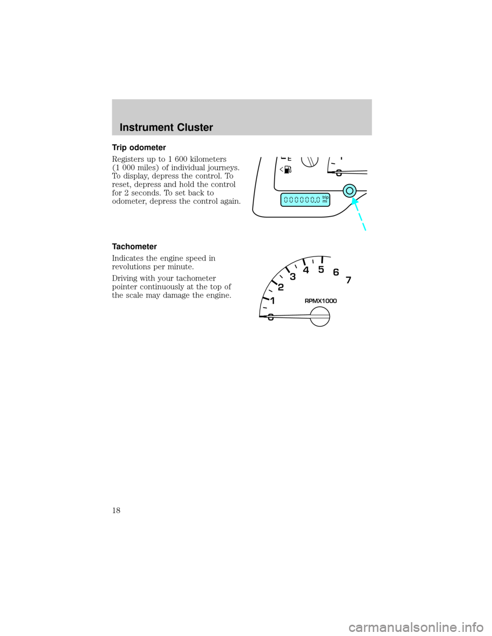 FORD WINDSTAR 2002 2.G User Guide Trip odometer
Registers up to 1 600 kilometers
(1 000 miles) of individual journeys.
To display, depress the control. To
reset, depress and hold the control
for 2 seconds. To set back to
odometer, dep