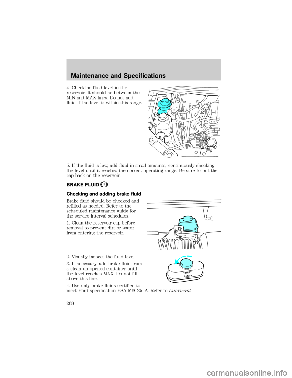 FORD WINDSTAR 2002 2.G Owners Manual 4. Checkthe fluid level in the
reservoir. It should be between the
MIN and MAX lines. Do not add
fluid if the level is within this range.
5. If the fluid is low, add fluid in small amounts, continuous FORD WINDSTAR 2002 2.G Owners Manual 4. Checkthe fluid level in the
reservoir. It should be between the
MIN and MAX lines. Do not add
fluid if the level is within this range.
5. If the fluid is low, add fluid in small amounts, continuous