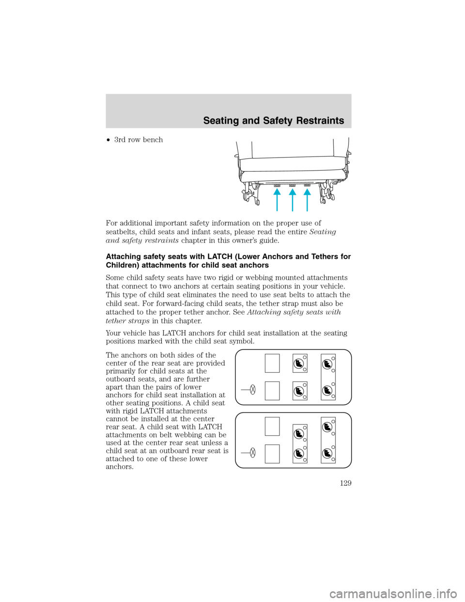 FORD WINDSTAR 2003 2.G Owners Manual •3rd row bench
For additional important safety information on the proper use of
seatbelts, child seats and infant seats, please read the entireSeating
and safety restraintschapter in this owner’s FORD WINDSTAR 2003 2.G Owners Manual •3rd row bench
For additional important safety information on the proper use of
seatbelts, child seats and infant seats, please read the entireSeating
and safety restraintschapter in this owner’s