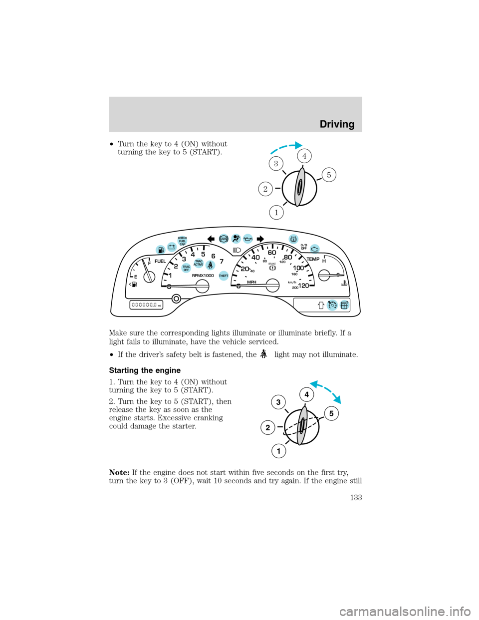 FORD WINDSTAR 2003 2.G Owners Manual •Turn the key to 4 (ON) without
turning the key to 5 (START).
Make sure the corresponding lights illuminate or illuminate briefly. If a
light fails to illuminate, have the vehicle serviced.
•If th