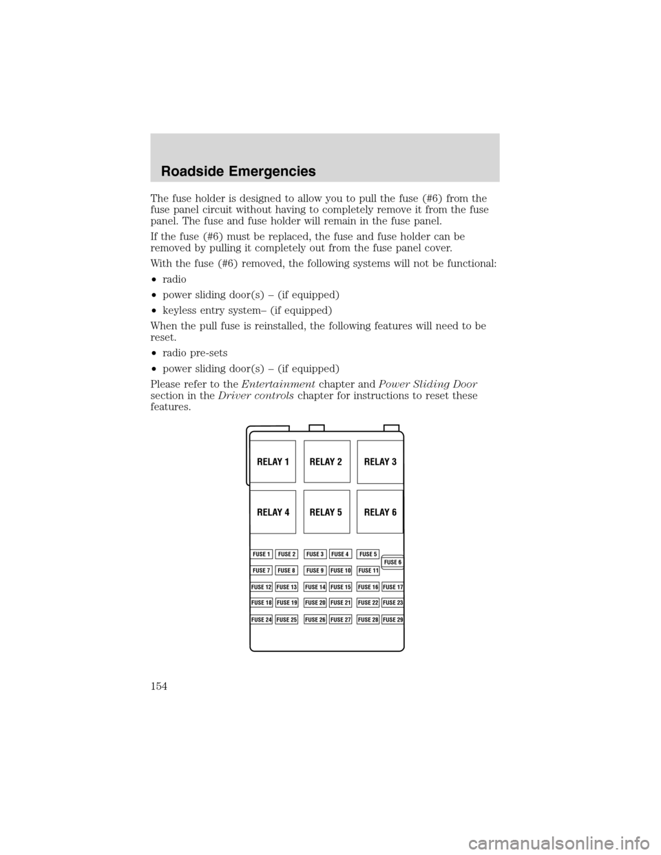 FORD WINDSTAR 2003 2.G Owners Manual The fuse holder is designed to allow you to pull the fuse (#6) from the
fuse panel circuit without having to completely remove it from the fuse
panel. The fuse and fuse holder will remain in the fuse 