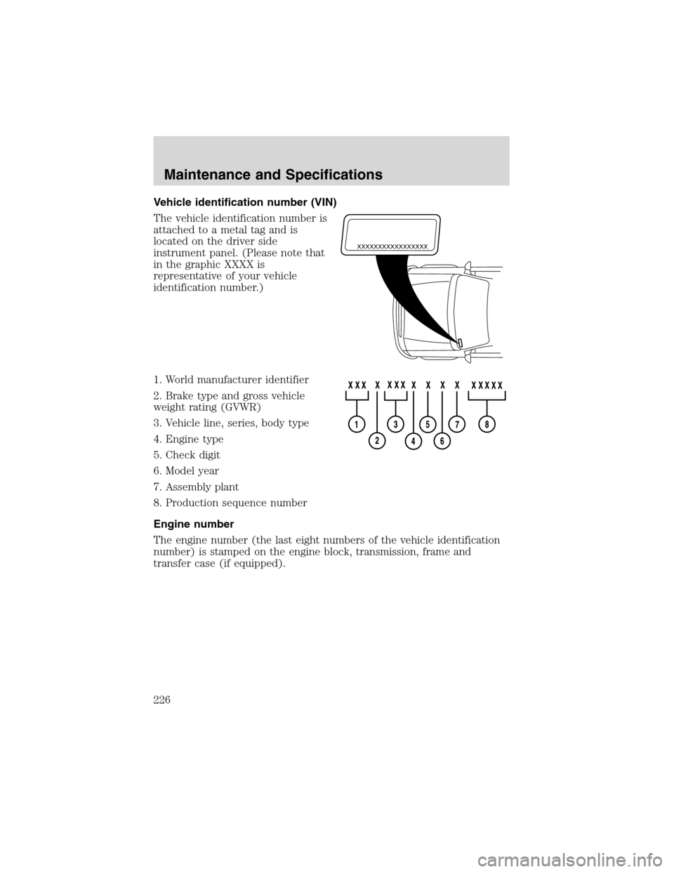 FORD WINDSTAR 2003 2.G Owners Manual Vehicle identification number (VIN)
The vehicle identification number is
attached to a metal tag and is
located on the driver side
instrument panel. (Please note that
in the graphic XXXX is
representa