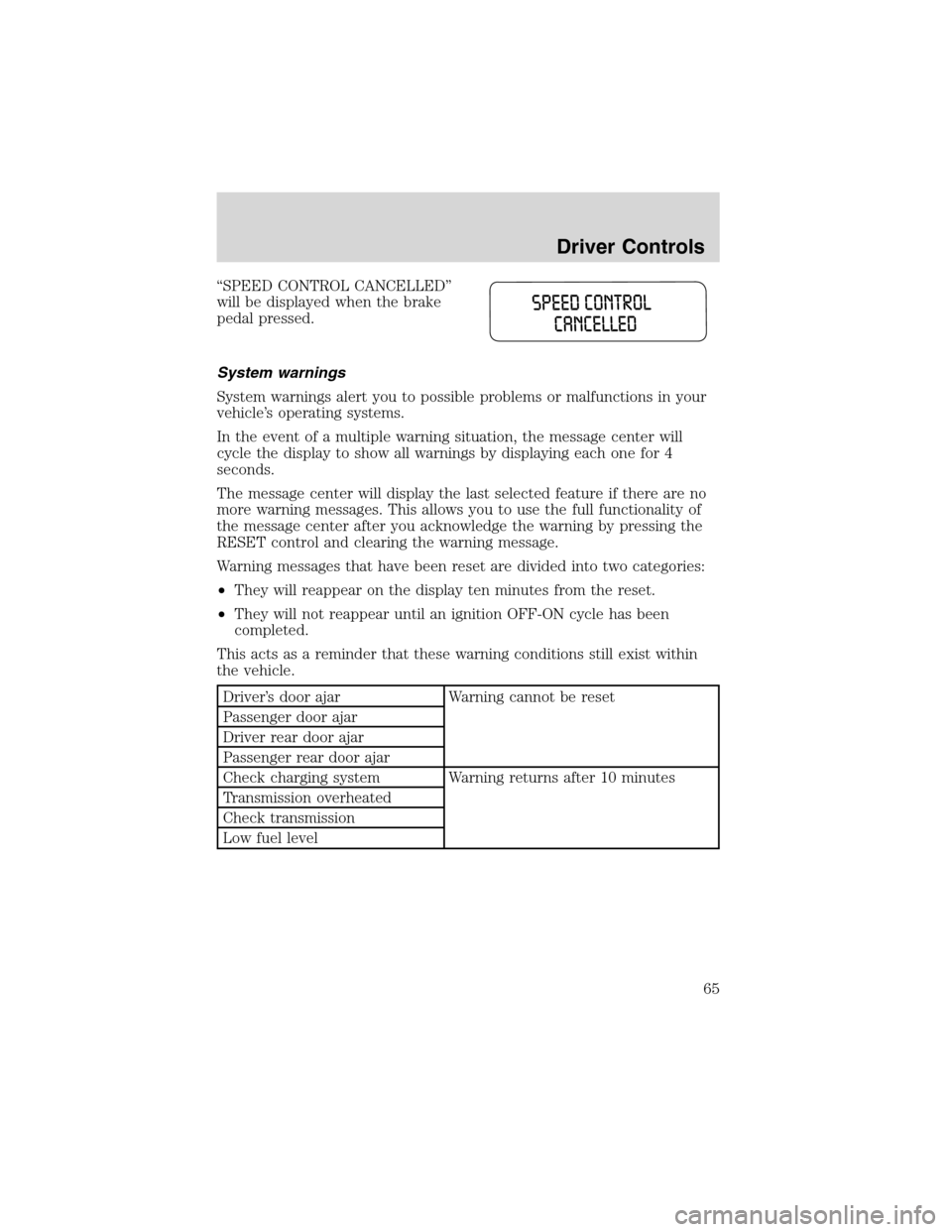 FORD WINDSTAR 2003 2.G Repair Manual “SPEED CONTROL CANCELLED”
will be displayed when the brake
pedal pressed.
System warnings
System warnings alert you to possible problems or malfunctions in your
vehicle’s operating systems.
In t