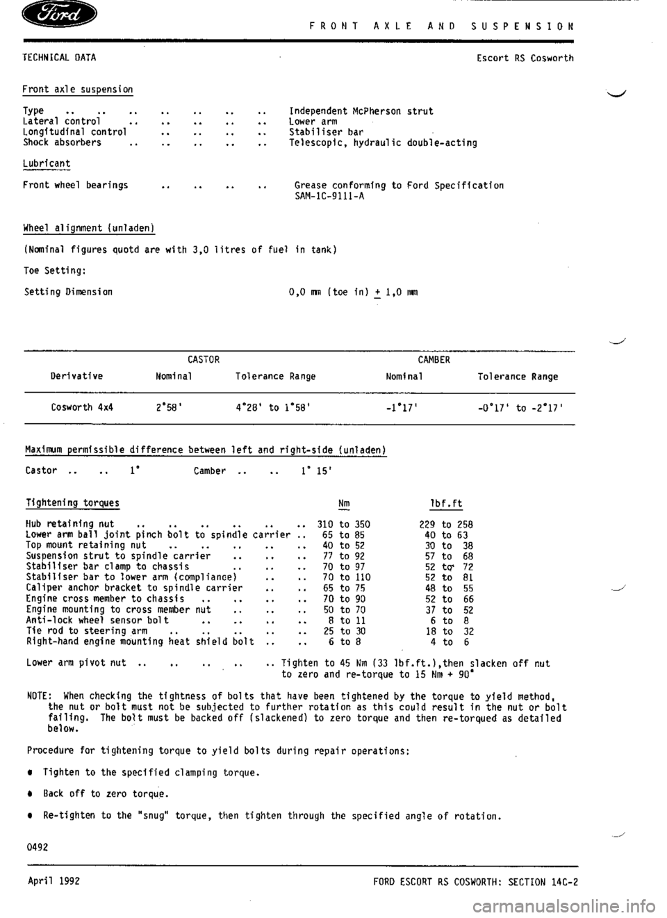 FORD SIERRA RS COSWORTH 1988 1.G Workshop Manual 