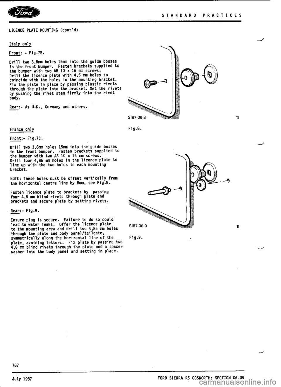 FORD SIERRA RS COSWORTH 1986 1.G Owners Guide 