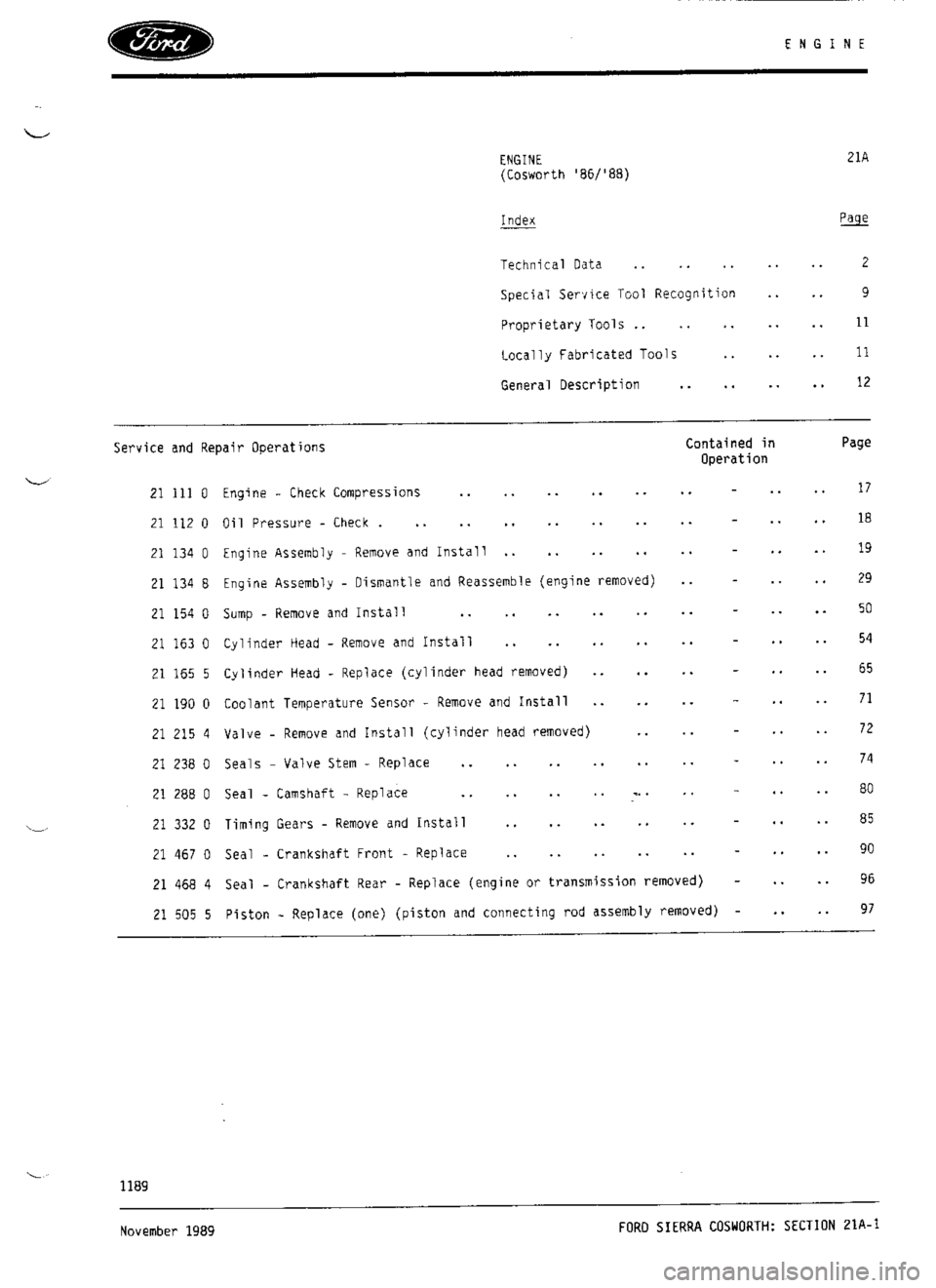 FORD SIERRA RS COSWORTH 1986 1.G Workshop Manual FORD SIERRA RS COSWORTH 1986 1.G Workshop Manual
