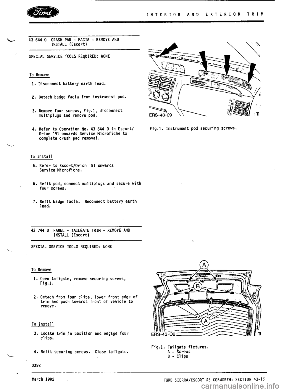 FORD ESCORT RS COSWORTH 1993 1.G Workshop Manual 