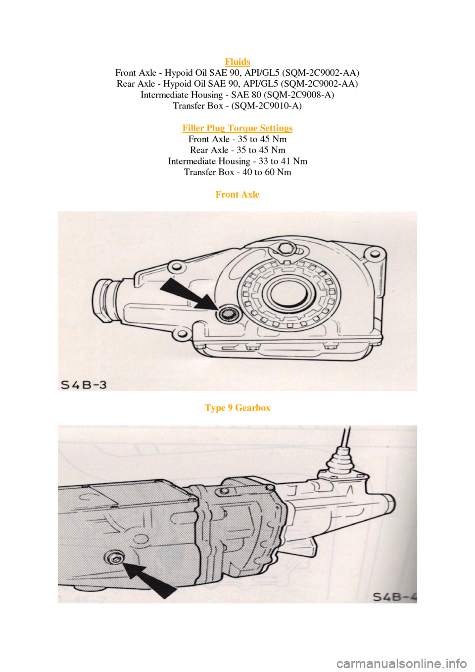 FORD SIERRA 1986 1.G 4x4 Supplement Workshop Manual Fluids  
Front Axle - Hypoid Oil SAE 90, API/GL5 (SQM-2C9002-AA) 
Rear Axle - Hypoid Oil SAE 90, API/GL5 (SQM-2C9002-AA) 
Intermediate Housing - SAE 80 (SQM-2C9008-A) 
Transfer Box - (SQM-2C9010-A)  
