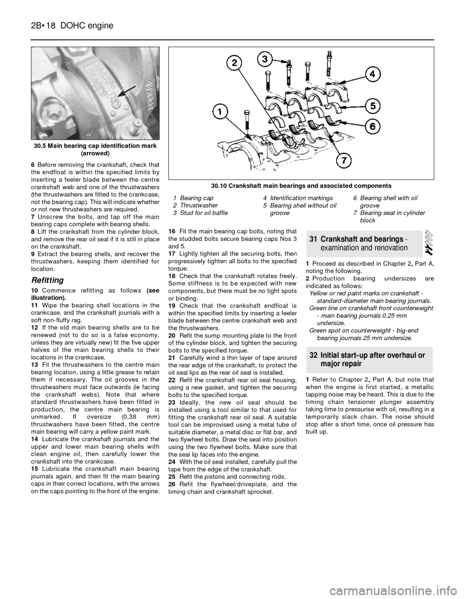 FORD SIERRA 1988 2.G DOHC Engine User Guide 6Before removing the crankshaft, check that
the endfloat is within the specified limits by
inserting a feeler blade between the centre
crankshaft web and one of the thrustwashers
(the thrustwashers ar