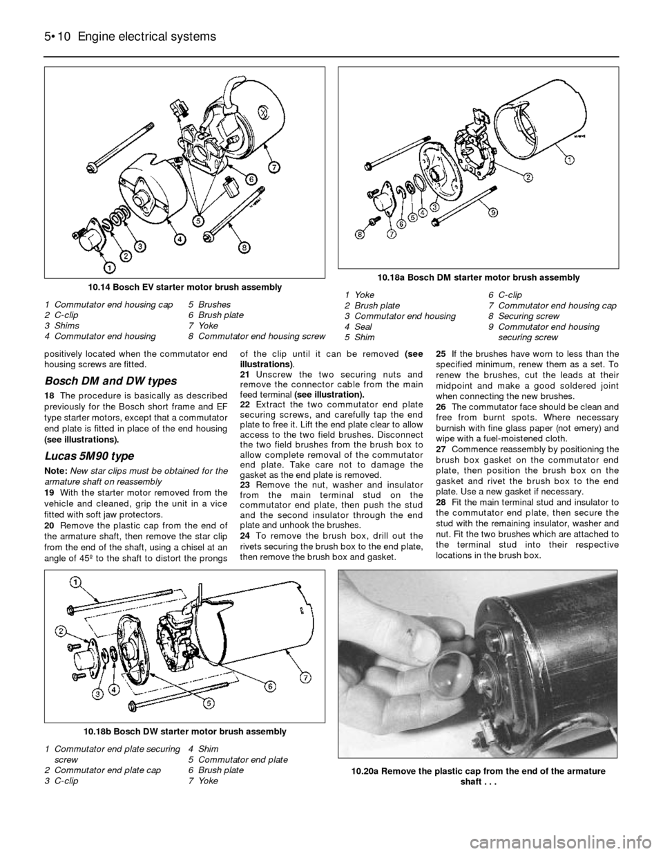 FORD SIERRA 1990 2.G Engine Electrical Systems Workshop Manual positively located when the commutator end
housing screws are fitted.
Bosch DM and DW types
18The procedure is basically as described
previously for the Bosch short frame and EF
type starter motors, e FORD SIERRA 1990 2.G Engine Electrical Systems Workshop Manual positively located when the commutator end
housing screws are fitted.
Bosch DM and DW types
18The procedure is basically as described
previously for the Bosch short frame and EF
type starter motors, e