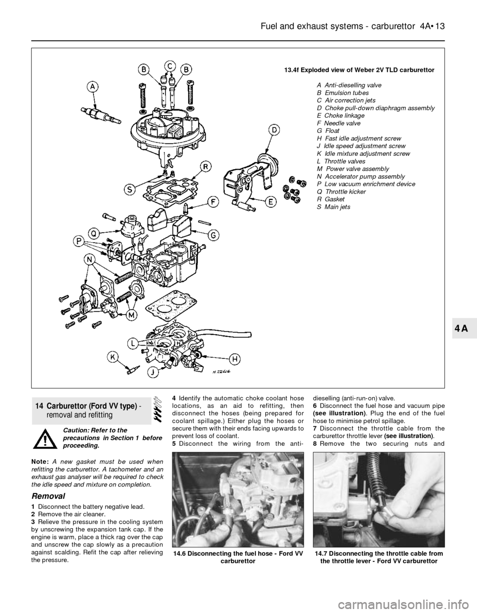 FORD SIERRA 1983 1.G Fuel And Exhaust Systems Carburettor User Guide Fuel and exhaust systems - carburettor 4A•13
4A
13.4f Exploded view of Weber 2V TLD carburettor
A Anti-dieselling valve
B Emulsion tubes
C Air correction jets
D Choke pull-down diaphragm assemb FORD SIERRA 1983 1.G Fuel And Exhaust Systems Carburettor User Guide Fuel and exhaust systems - carburettor 4A•13
4A
13.4f Exploded view of Weber 2V TLD carburettor
A Anti-dieselling valve
B Emulsion tubes
C Air correction jets
D Choke pull-down diaphragm assemb