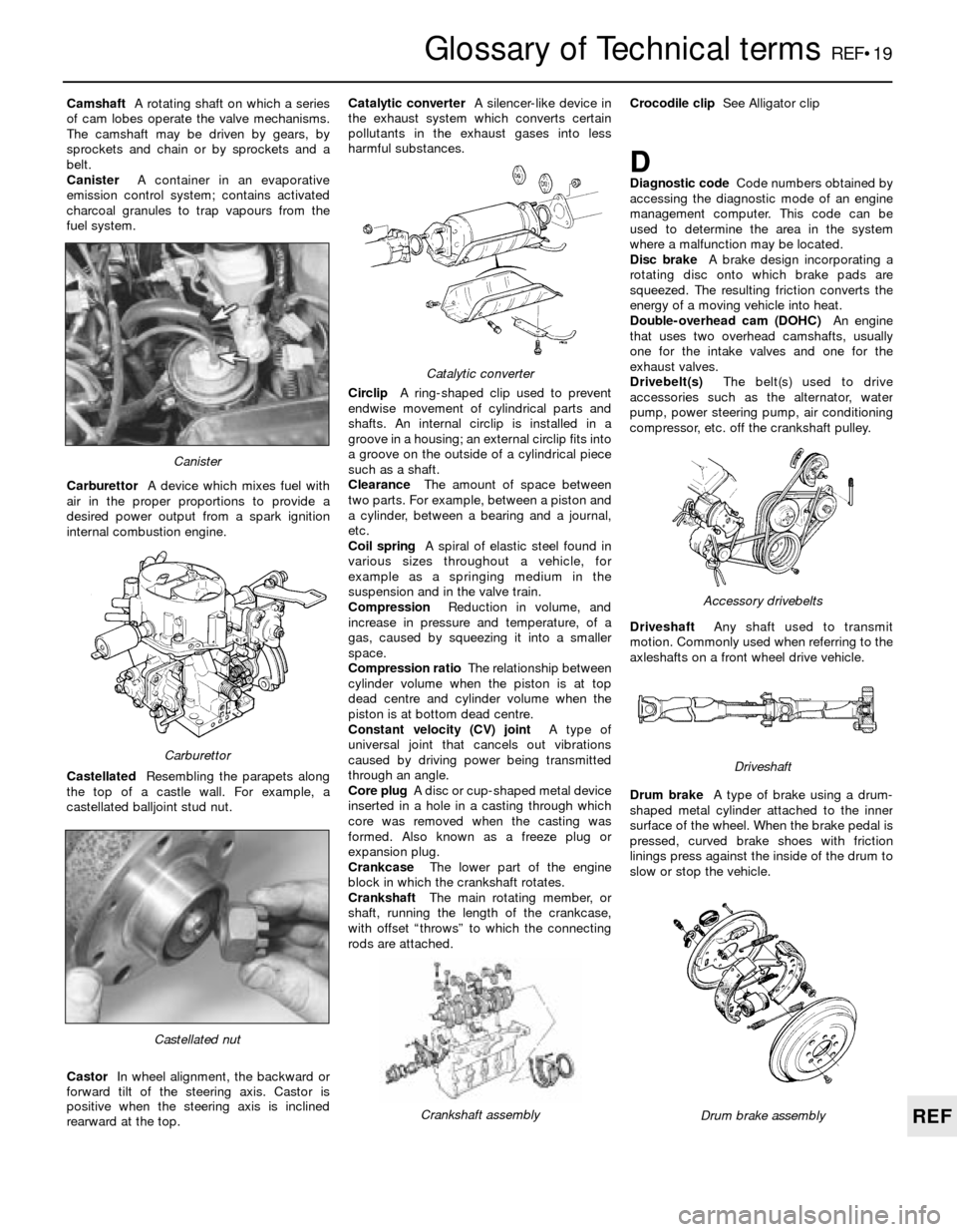 FORD SIERRA 1991 2.G Reference Workshop Manual Glossary of Technical termsREF•19
REF
CamshaftA rotating shaft on which a series
of cam lobes operate the valve mechanisms.
The camshaft may be driven by gears, by
sprockets and chain or by sprocket