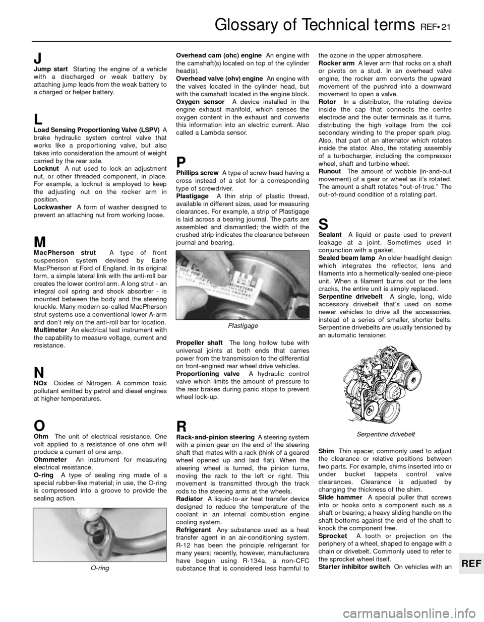 FORD SIERRA 1992 2.G Reference Workshop Manual Glossary of Technical termsREF•21
REF
JJump startStarting the engine of a vehicle
with a discharged or weak battery by
attaching jump leads from the weak battery to
a charged or helper battery.
LLoa