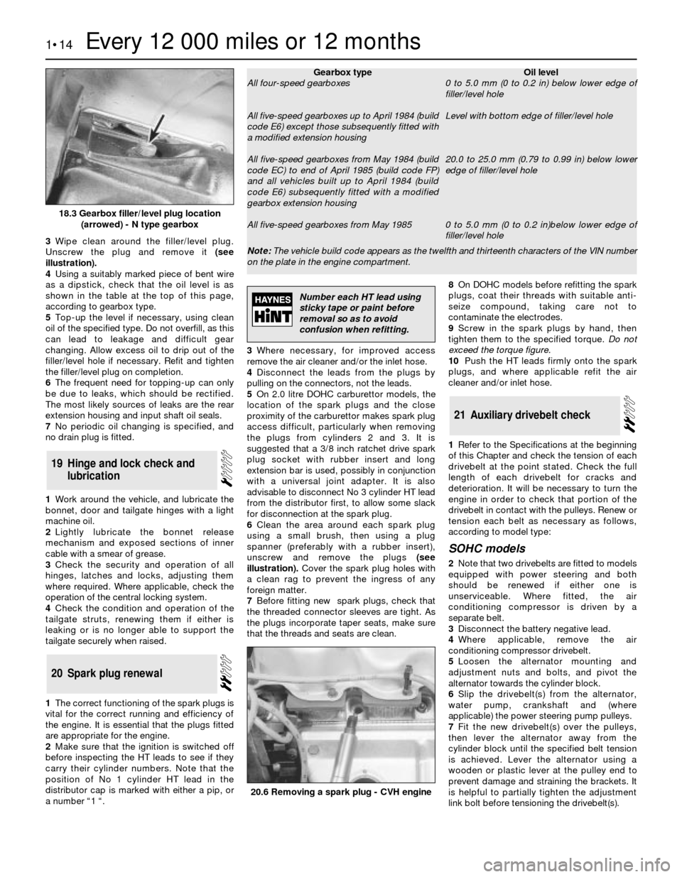 FORD SIERRA 1983 1.G Routine Manintenance And Servicing Workshop Manual 3Wipe clean around the filler/level plug.
Unscrew the plug and remove it(see
illustration).
4Using a suitably marked piece of bent wire
as a dipstick, check that the oil level is as
shown in the table