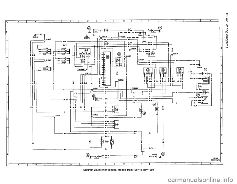 FORD SIERRA 1987 2.G Wiring Diagrams User Guide 13•42Wiring diagrams
Diagram 2b. Interior lighting. Models from 1987 to May 1989 FORD SIERRA 1987 2.G Wiring Diagrams User Guide 13•42Wiring diagrams
Diagram 2b. Interior lighting. Models from 1987 to May 1989