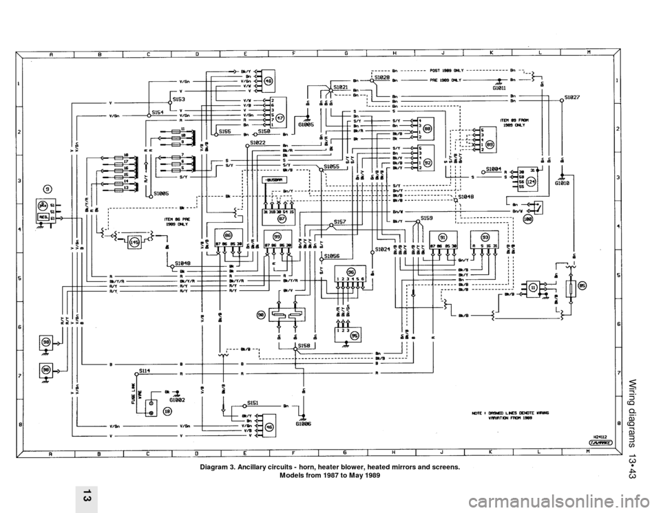 FORD SIERRA 1987 2.G Wiring Diagrams Workshop Manual Wiring diagrams 13•43
13
Diagram 3. Ancillary circuits - horn, heater blower, heated mirrors and screens.
Models from 1987 to May 1989 FORD SIERRA 1987 2.G Wiring Diagrams Workshop Manual Wiring diagrams 13•43
13
Diagram 3. Ancillary circuits - horn, heater blower, heated mirrors and screens.
Models from 1987 to May 1989