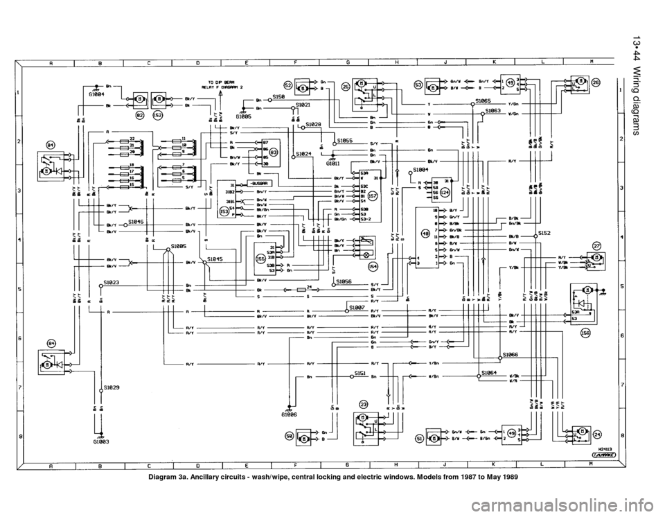 FORD SIERRA 1991 2.G Wiring Diagrams Workshop Manual 13•44Wiring diagrams
Diagram 3a. Ancillary circuits - wash/wipe, central locking and electric windows. Models from 1987 to May 1989 