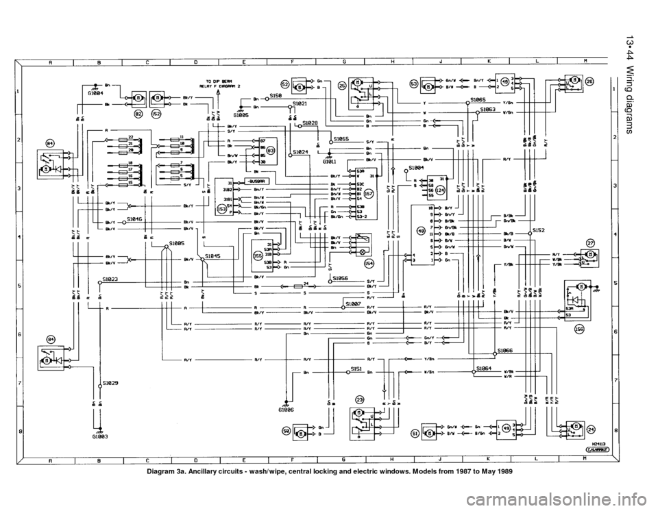 FORD SIERRA 1987 2.G Wiring Diagrams User Guide 13•44Wiring diagrams
Diagram 3a. Ancillary circuits - wash/wipe, central locking and electric windows. Models from 1987 to May 1989 FORD SIERRA 1987 2.G Wiring Diagrams User Guide 13•44Wiring diagrams
Diagram 3a. Ancillary circuits - wash/wipe, central locking and electric windows. Models from 1987 to May 1989