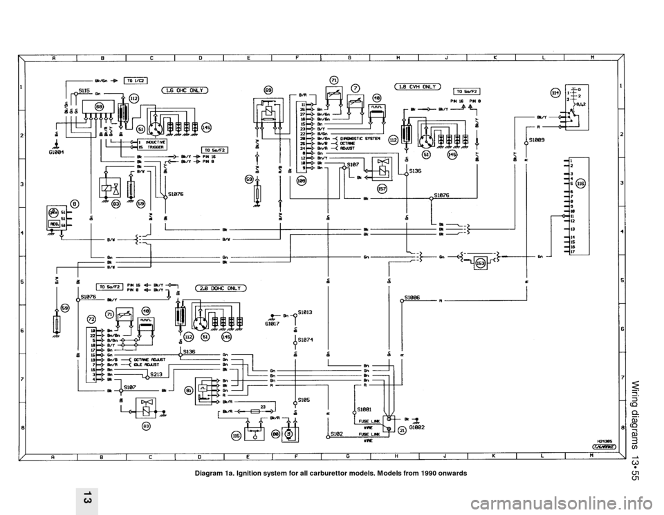 FORD SIERRA 1987 2.G Wiring Diagrams Owners Manual Wiring diagrams 13•55
13
Diagram 1a. Ignition system for all carburettor models. Models from 1990 onwards FORD SIERRA 1987 2.G Wiring Diagrams Owners Manual Wiring diagrams 13•55
13
Diagram 1a. Ignition system for all carburettor models. Models from 1990 onwards