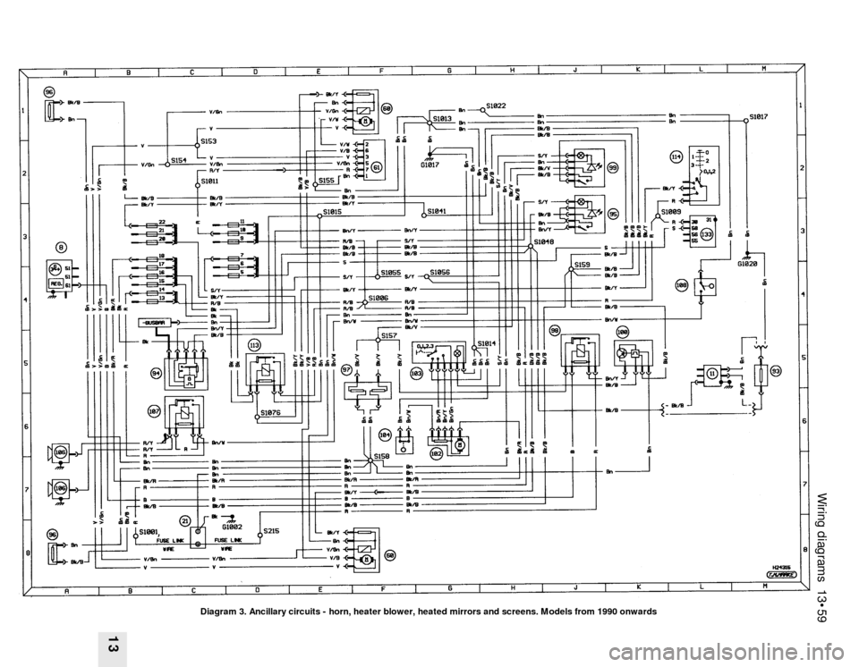 FORD SIERRA 1993 2.G Wiring Diagrams Workshop Manual Wiring diagrams  13•59
13
Diagram 3. Ancillary circuits - horn, heater blower, heated mirrors and screens. Models from 1990 onwards 