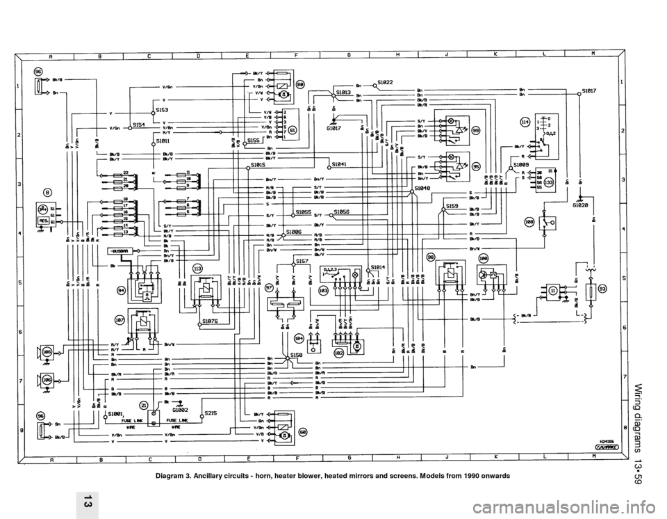 FORD SIERRA 1987 2.G Wiring Diagrams Owners Guide Wiring diagrams 13•59
13
Diagram 3. Ancillary circuits - horn, heater blower, heated mirrors and screens. Models from 1990 onwards FORD SIERRA 1987 2.G Wiring Diagrams Owners Guide Wiring diagrams 13•59
13
Diagram 3. Ancillary circuits - horn, heater blower, heated mirrors and screens. Models from 1990 onwards