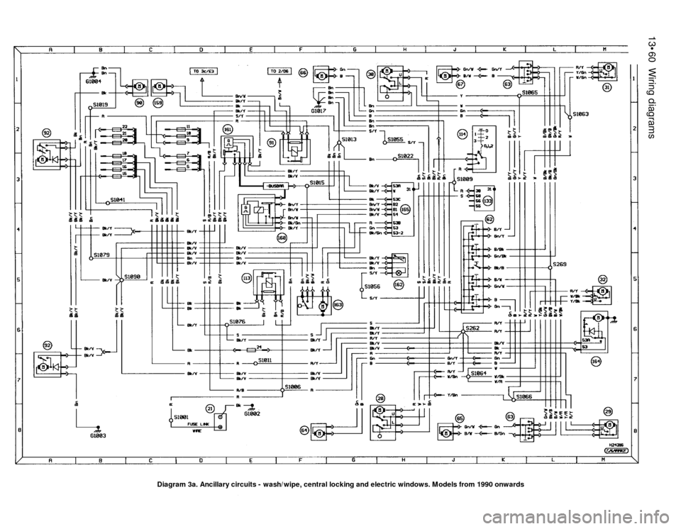 FORD SIERRA 1987 2.G Wiring Diagrams Owners Guide 13•60Wiring diagrams
Diagram 3a. Ancillary circuits - wash/wipe, central locking and electric windows. Models from 1990 onwards FORD SIERRA 1987 2.G Wiring Diagrams Owners Guide 13•60Wiring diagrams
Diagram 3a. Ancillary circuits - wash/wipe, central locking and electric windows. Models from 1990 onwards