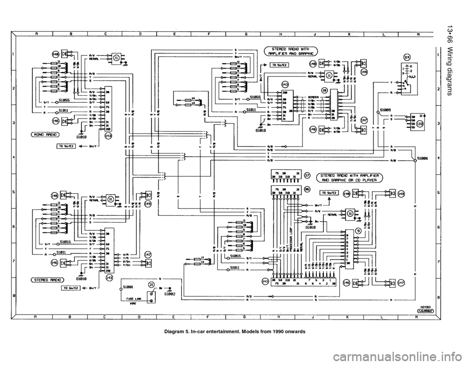FORD SIERRA 1987 2.G Wiring Diagrams Service Manual 13•66Wiring diagrams
Diagram 5. In-car entertainment. Models from 1990 onwards FORD SIERRA 1987 2.G Wiring Diagrams Service Manual 13•66Wiring diagrams
Diagram 5. In-car entertainment. Models from 1990 onwards