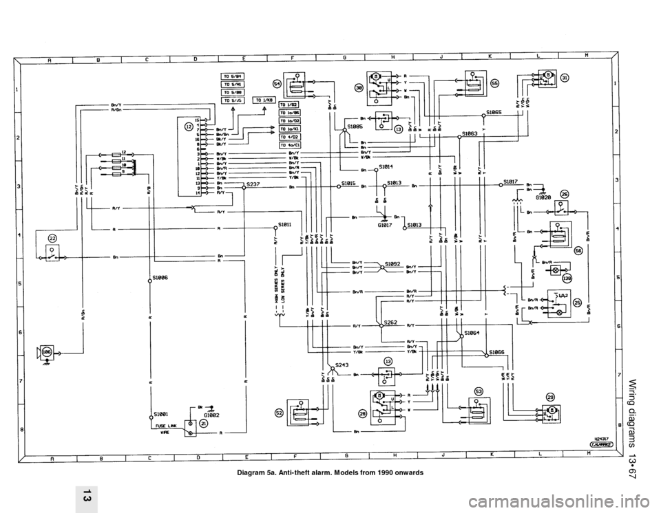 FORD SIERRA 1987 2.G Wiring Diagrams Service Manual Wiring diagrams 13•67
13
Diagram 5a. Anti-theft alarm. Models from 1990 onwards FORD SIERRA 1987 2.G Wiring Diagrams Service Manual Wiring diagrams 13•67
13
Diagram 5a. Anti-theft alarm. Models from 1990 onwards