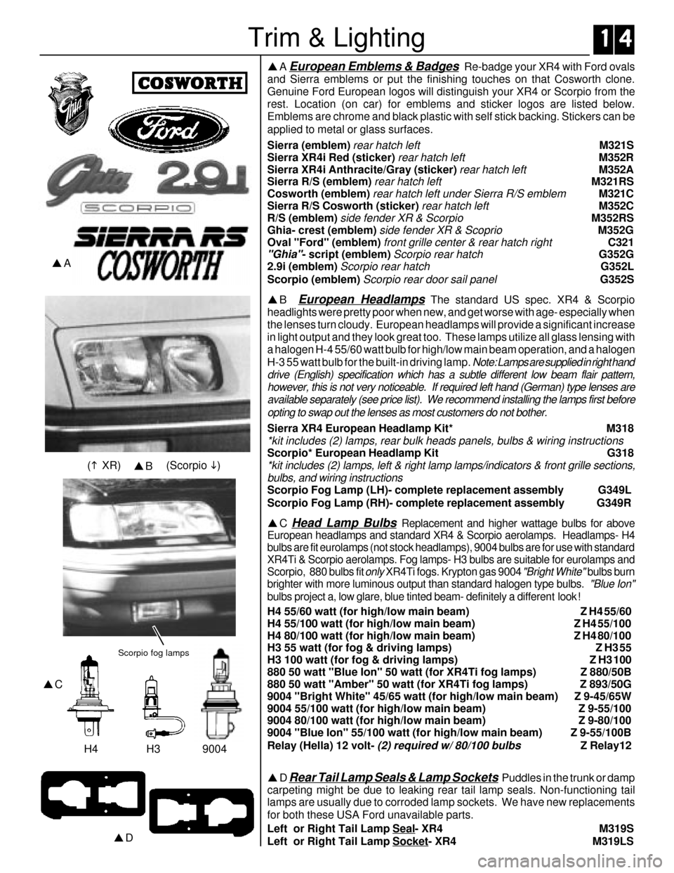 FORD SIERRA 1988 2.G XR4 User Guide Trim & Lighting
pA European Emblems & Badges Re-badge your XR4 with Ford ovals
and Sierra emblems or put the finishing touches on that Cosworth clone.
Genuine Ford European logos will distinguish you FORD SIERRA 1988 2.G XR4 User Guide Trim & Lighting
pA European Emblems & Badges Re-badge your XR4 with Ford ovals
and Sierra emblems or put the finishing touches on that Cosworth clone.
Genuine Ford European logos will distinguish you