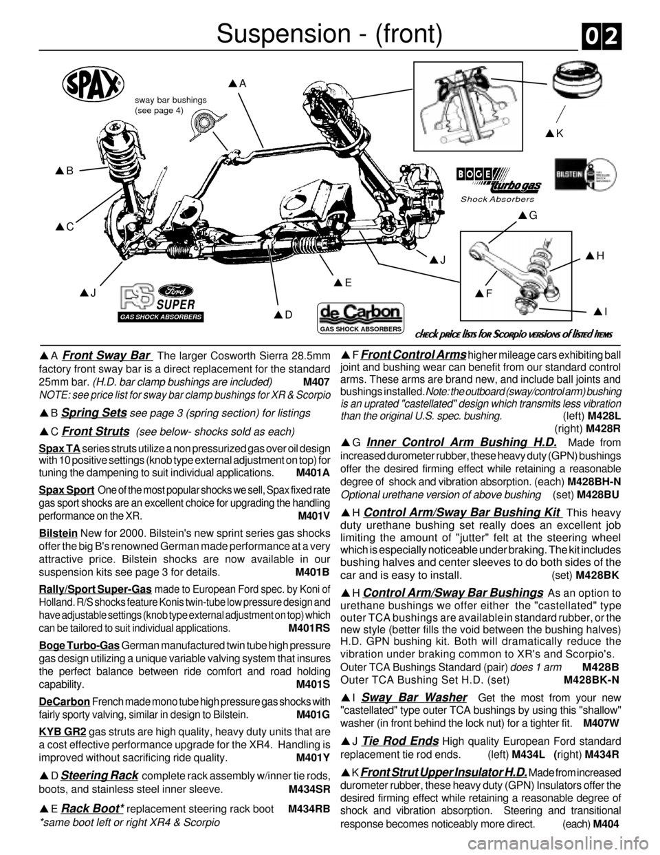 FORD SIERRA 1990 2.G XR4 Workshop Manual pC pB
pD pJ
pK
pE
pJ
pG
pI
pF
pH
Suspension - (front)0 2
pA
sway bar bushings
(see page 4)
pF Front Control Arms higher mileage cars exhibiting ball
joint and bushing wear can benefit from our standar