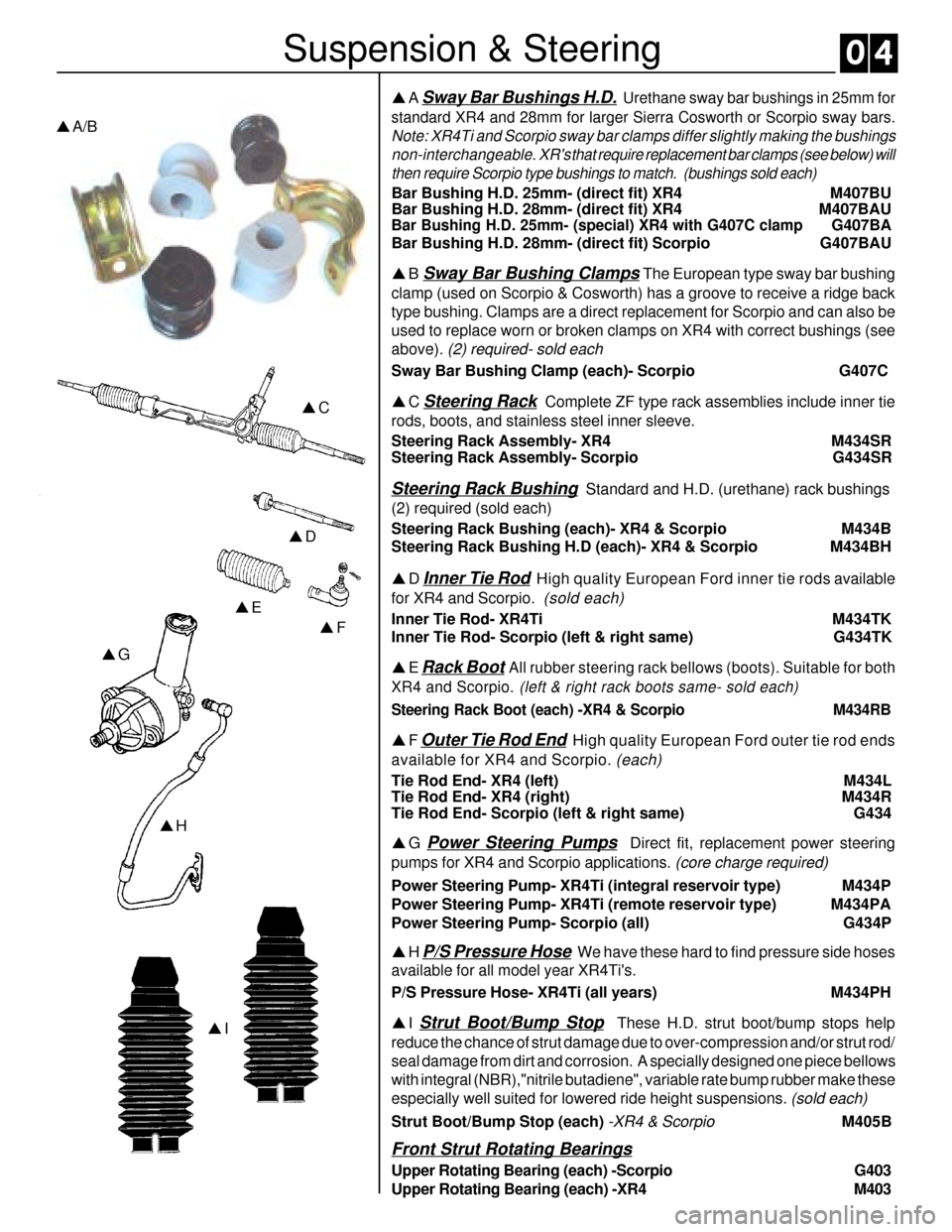 FORD SIERRA 1989 2.G XR4 Workshop Manual pA Sway Bar Bushings H.D.  Urethane sway bar bushings in 25mm for
standard XR4 and 28mm for larger Sierra Cosworth or Scorpio sway bars.
Note: XR4Ti and Scorpio sway bar clamps differ slightly making 